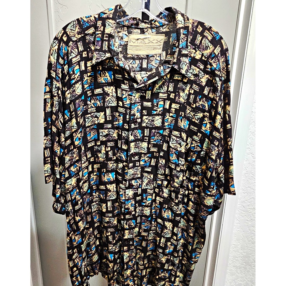 Vintage MAXX FM Men's 2XL Geometric Print Shirt Retro 80s 90s Black Blue